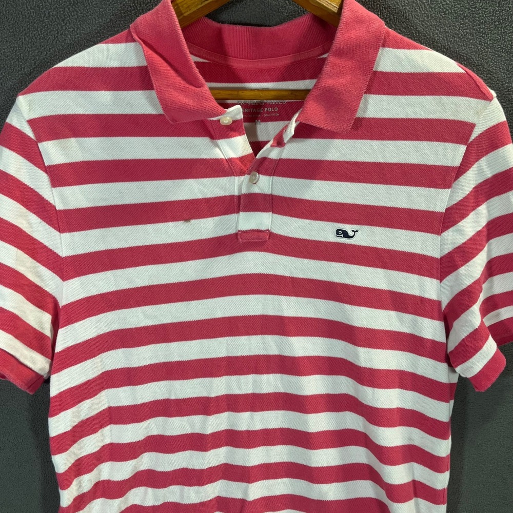 Vineyard Vines Heritage Polo Shirt Mens Medium Pink White Striped Cotton Whale - Picture 1 of 4